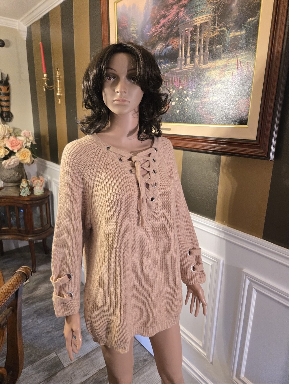 Chicwish Lace-Up V-Neck Sweater Tunic in Blush